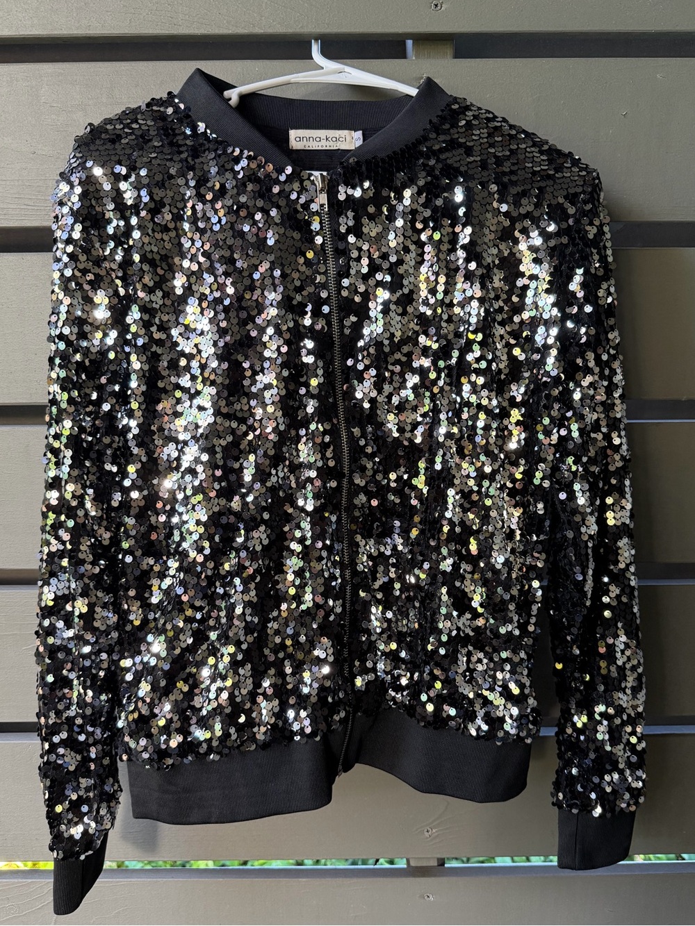 Anna-Kaci Black Sequin Zip Bomber Jacket